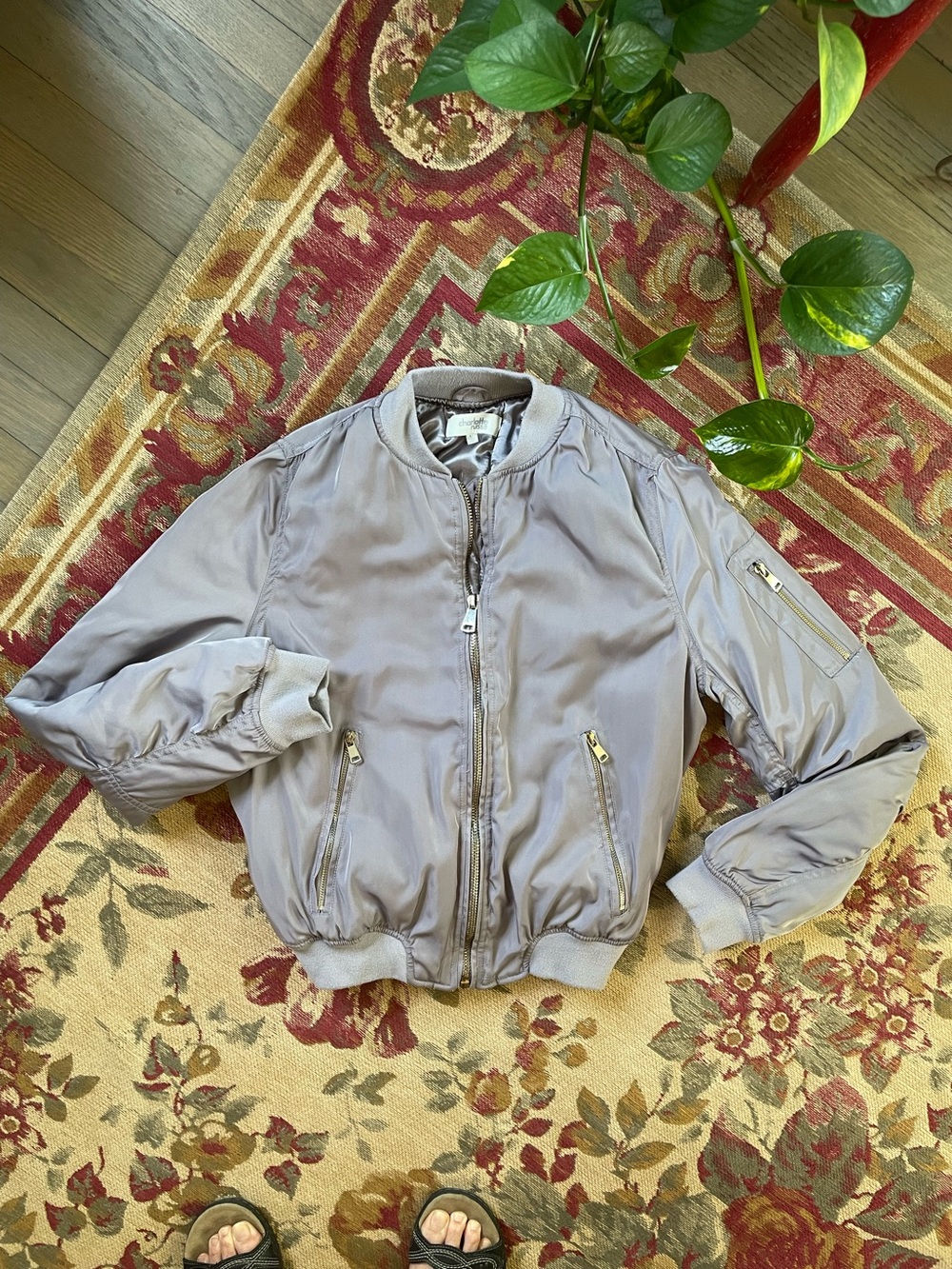 Charlotte Russe Gray Women's Satin Look Bomber With Zipper Detail